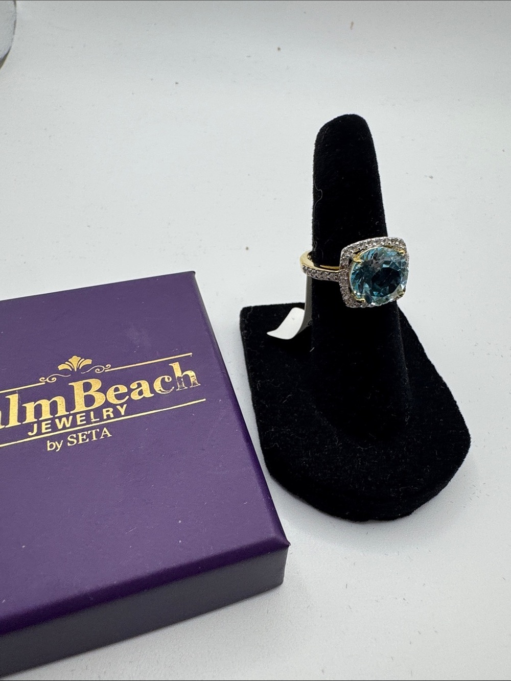 PalmBeach Jewelry Gold-Tone Ring with Aqua Blue Cushion Center